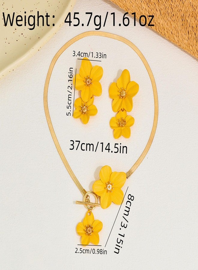 GLMOCM Boho Flower Earrings Necklace Set for Women Gold Flower Pendant Necklace and White flower Statement Earrings Spring Earring Spring Trendy Jewelry Accessories (Yellow) - Image 4